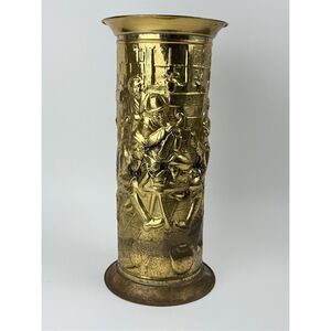 Vintage Brass Umbrella Cane Stand Lombard England Embossed Pub Scene 18in Tall